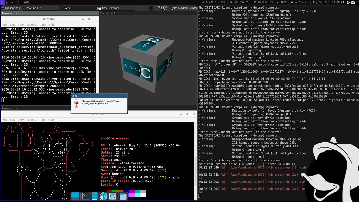 PureDarwin running Xfce under Xwayland on sway, with the LunarG Vulkan cube on Mesa, Wine, and fastfetch reporting Darwin 20.5.0